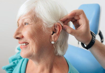An older woman gets an adjustment made to her hearing aid