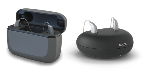 ReSound and Oticon rechargeable hearing aids pictured with their chargers