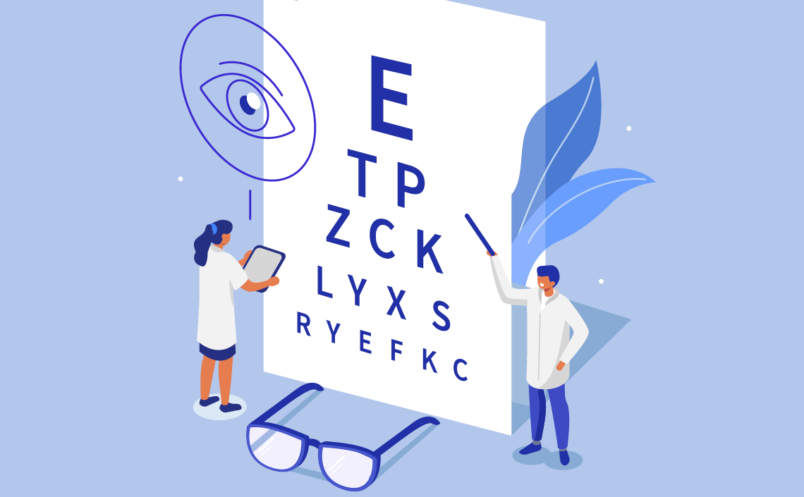 Illustration of two people next to a giant vision testing chart
